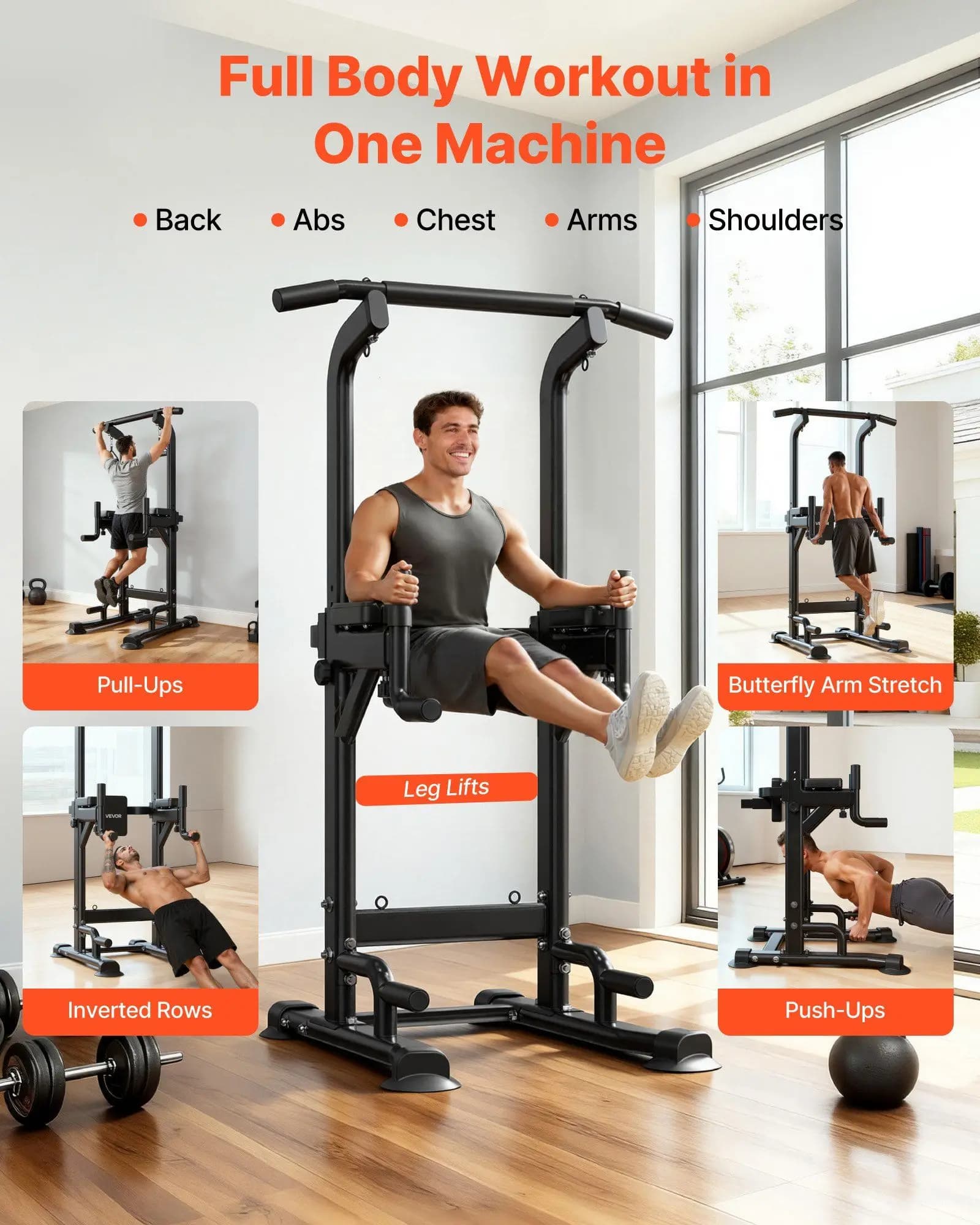 Traction bar, Power Tower 330 pounds, H-based dip station and back support, Adjustable at 12 levels