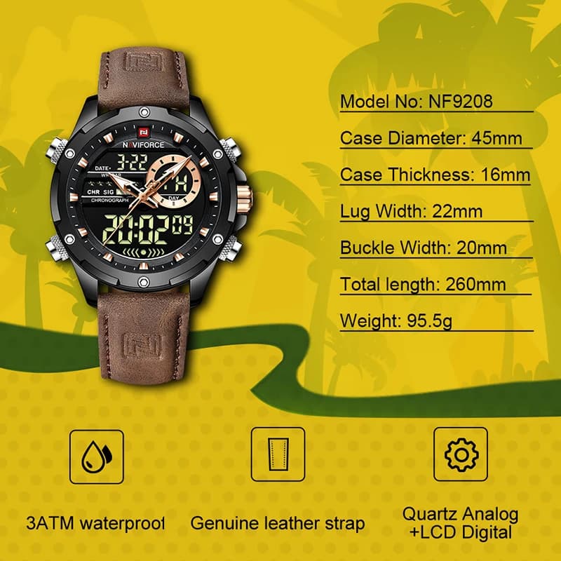 Nuovo Orologio da Uomo NAVIFORCE, Cronografo al Quarzo, Marca di Lusso, Cinturino in Vera Pelle, Luminoso, Analogico-Digitale