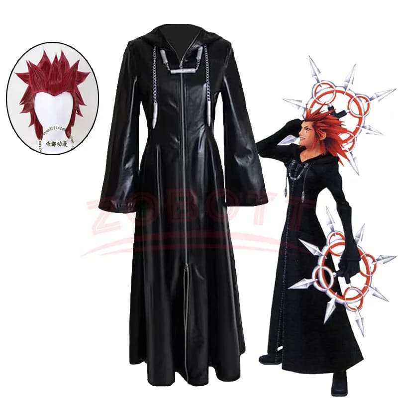 Anime Mens Kingdom Costume Cosplay Hearts Organization XIII Game Cosplay Costume Black mantle Zippered jacket Long wig with hood