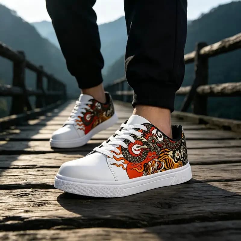 Ladies Men's Road Running Shoes，White - Printed sole sneakers，Various sizes available，Tiger and dragon pattern tattoo style prin