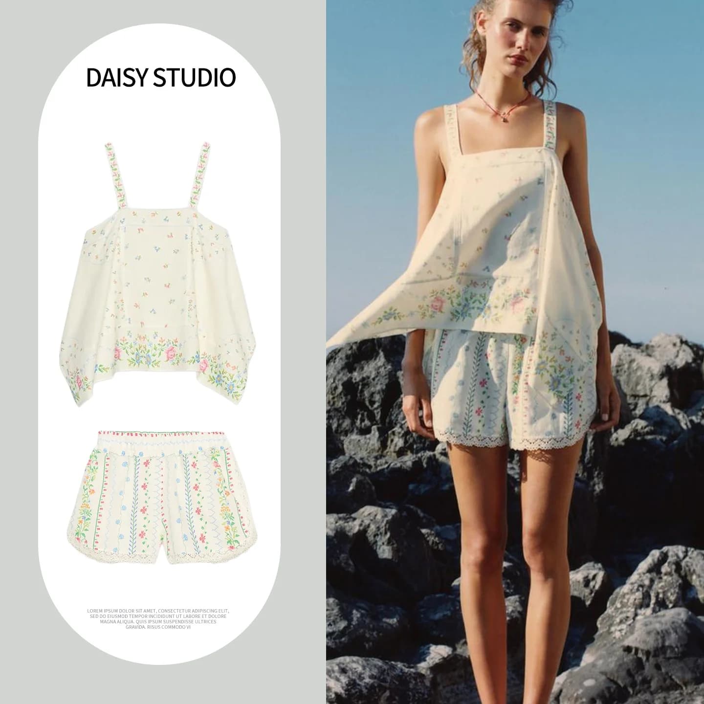 Low Waist Floral Trim Decorative Shorts Loose Fit Sleeveless Straight Collar Bottom Asymmetrical Hem Top And Shorts Set Summe...