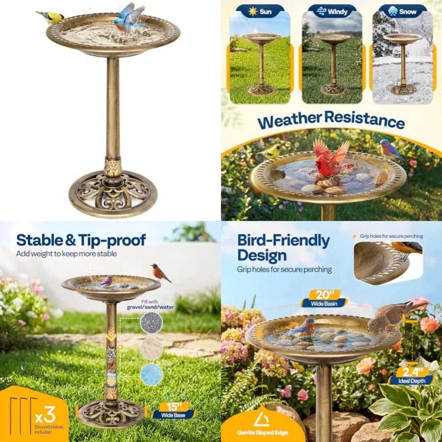 Bird Bath for Outside, Polyresin Pedestal Bird Baths for Outdoor, Garden, 28 Inch Height Weather-Resistant Birdbaths with 20" B