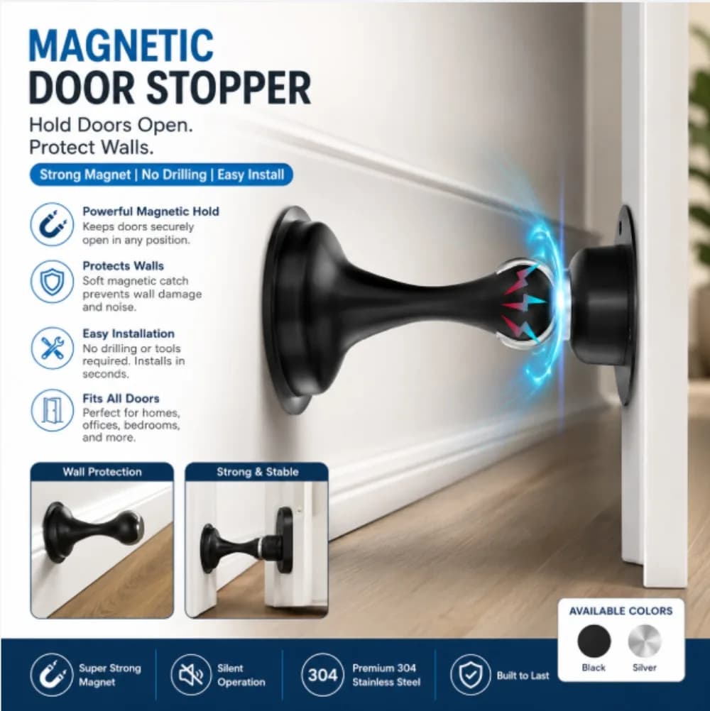 Door Stoppers Magnetic Door Catch - 2 Pack Stainless Steel Heavy Duty Door Holder Stops for Bottom Top of Door - Wall Floor Mounting No Drill 3D Adhesive & Screws Strong Magnet Keep Door Open