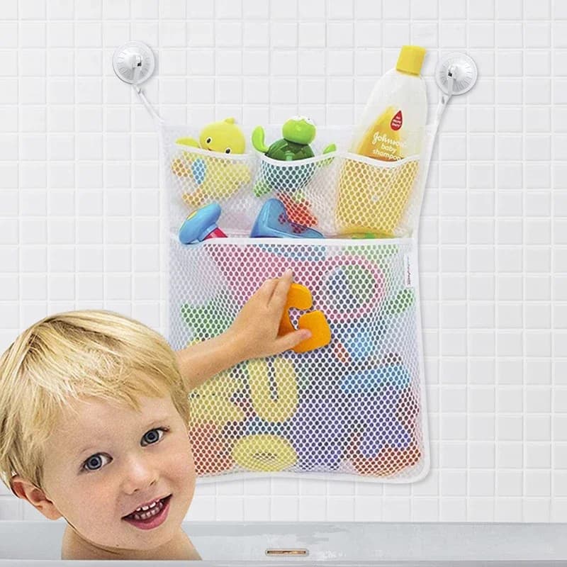 Baby Shower Giocattoli da bagno Maglia portaoggetti per giocattoli per bambini bianca con forti ventose Borsa per giocattoli Organizzatore da bagno a rete per bambini piccoli