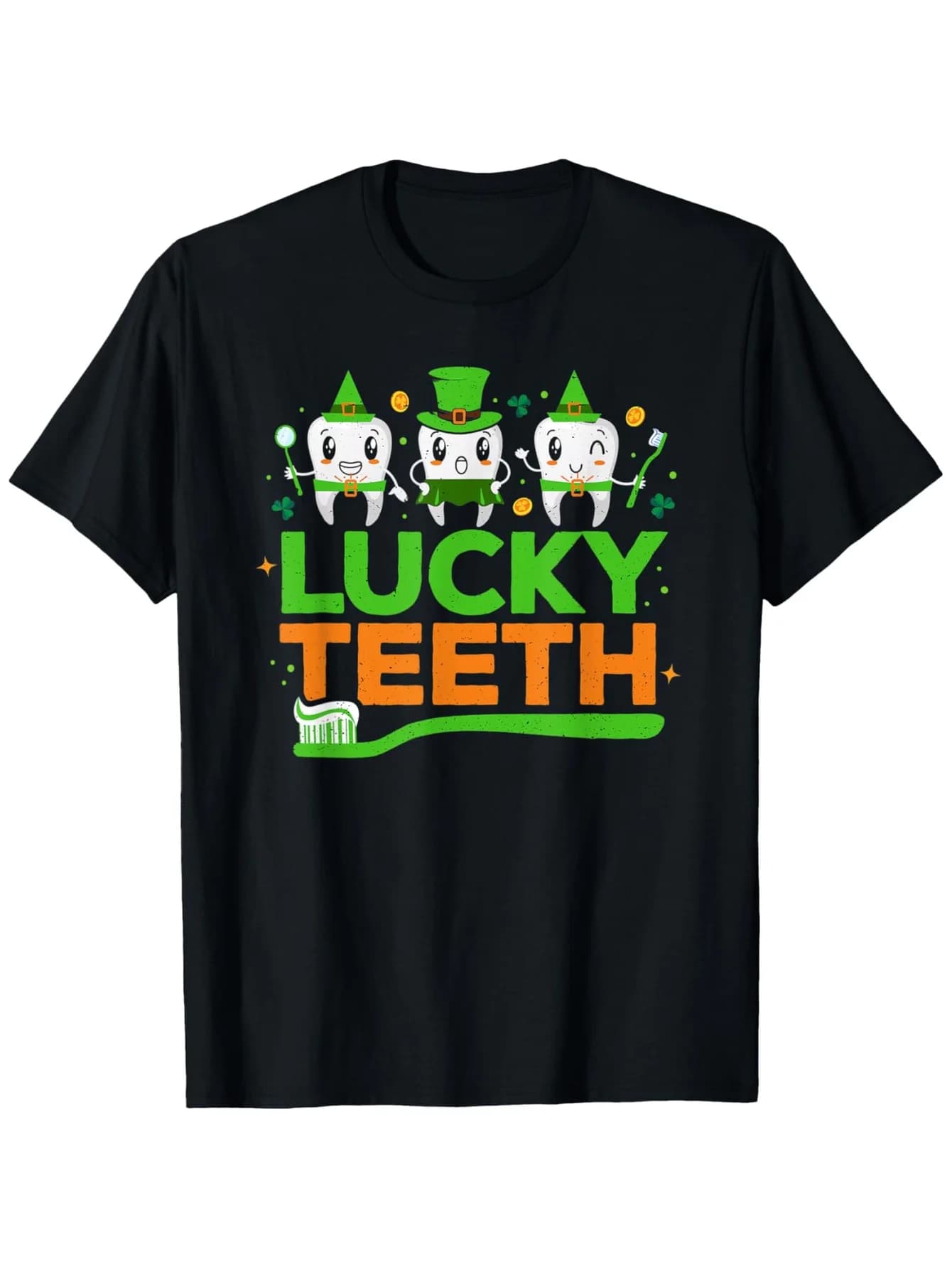 Funny Men's Black Graphic T-Shirt Lucky Teeth Cartoon Tooth Leprechaun Hat Coin Clover Sparkle Bold Letter Print 100% Cotton Heavyweight Short Sleeve Casual Streetwear Tee