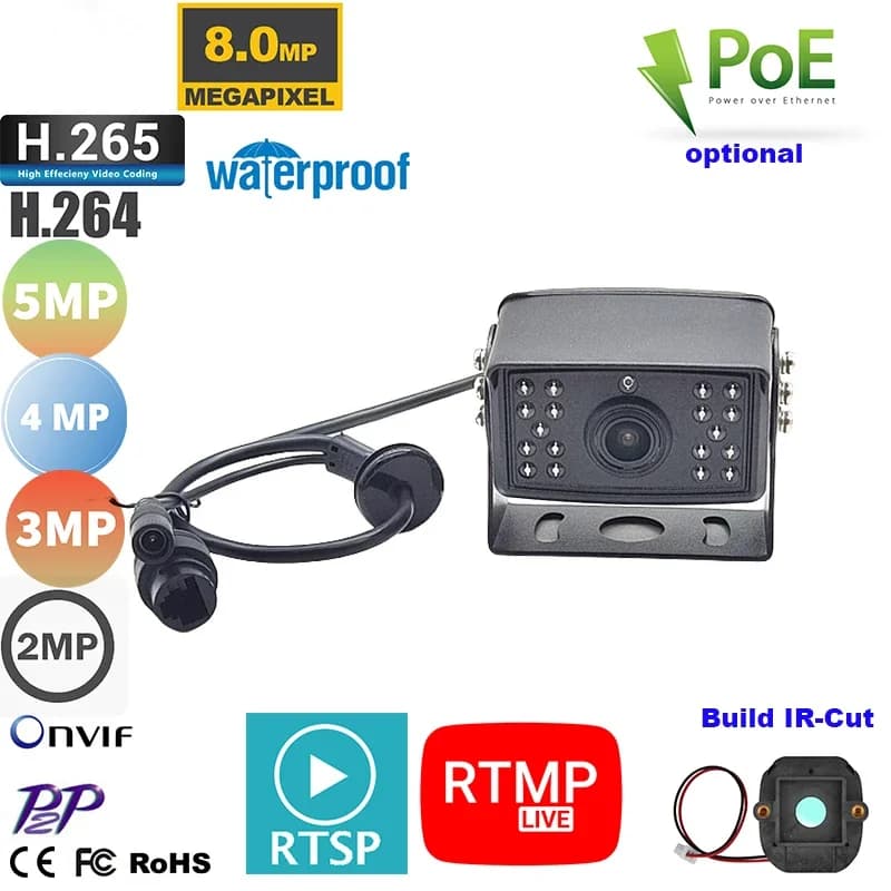 IP69 Waterproof 8MP 5MP Wired P2P IP Security External Support RTMP RTSP Night Vision Bus Taxi Excavator Security Camera RTSP FTP