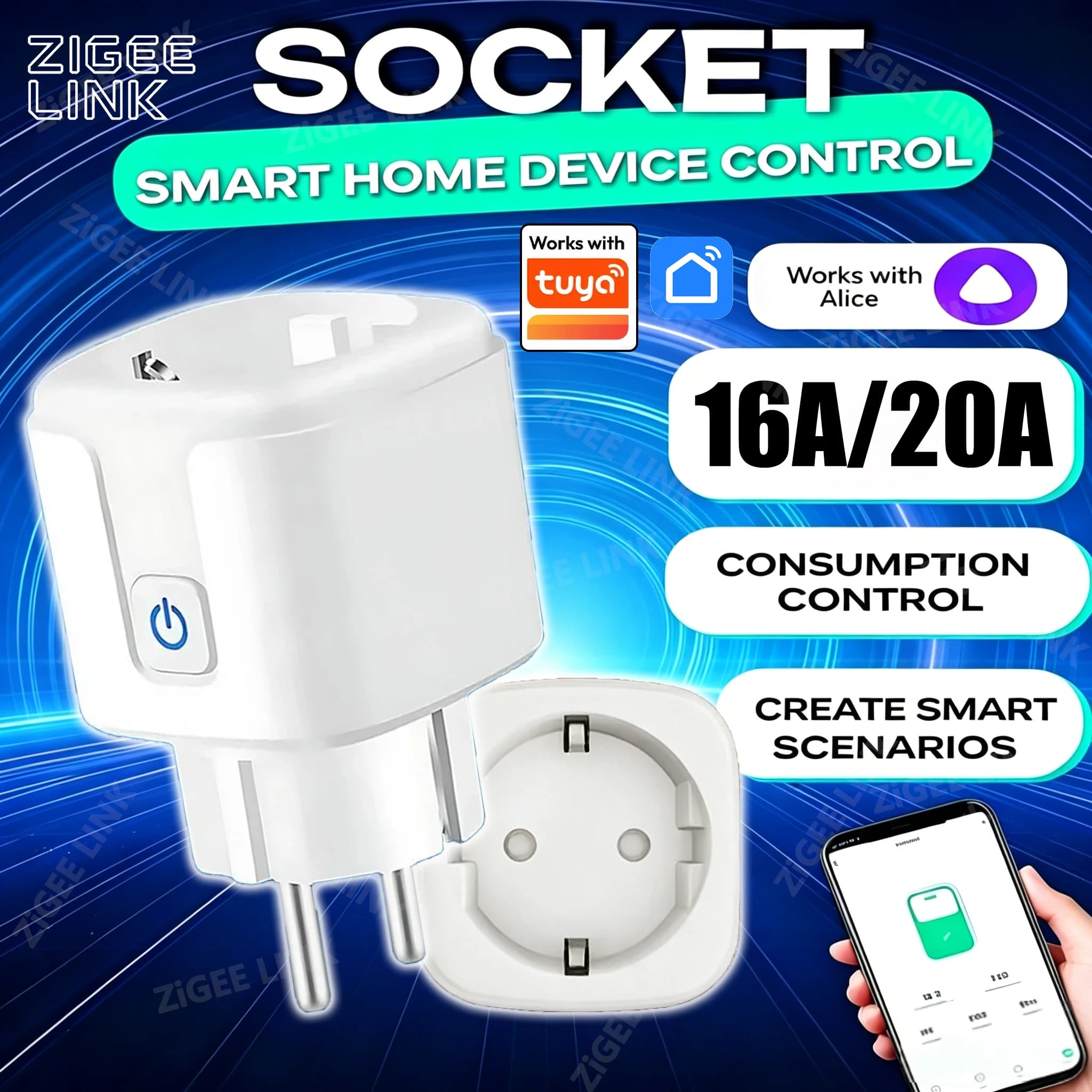 Presa Intelligente EU 16A/20A Tuya WiFi Zigbee con Monitoraggio Consumo, Timer e Controllo Vocale per Gestione Elettrodomestici Alexa Google