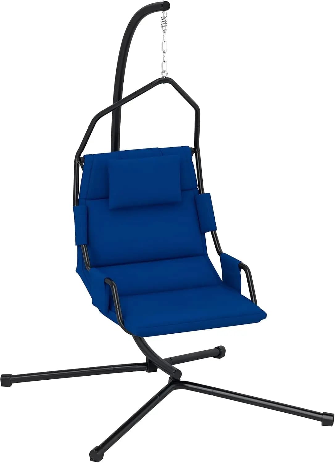 Hammock Chair with Stand Hanging Swing C-Frame Independent Rocking Cushion Adjustable Chain Heavy Duty Steel Frame for Bedroom Patio Balcony Dark Blue