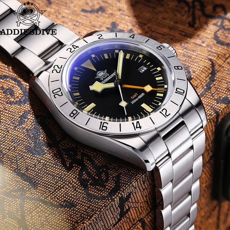 ADDIESDIVE AD2036 GMT orologio al quarzo da uomo in acciaio inossidabile 20Bar Diving Relogio Masculino Bubble Mirror Glass orologi da polso luminosi