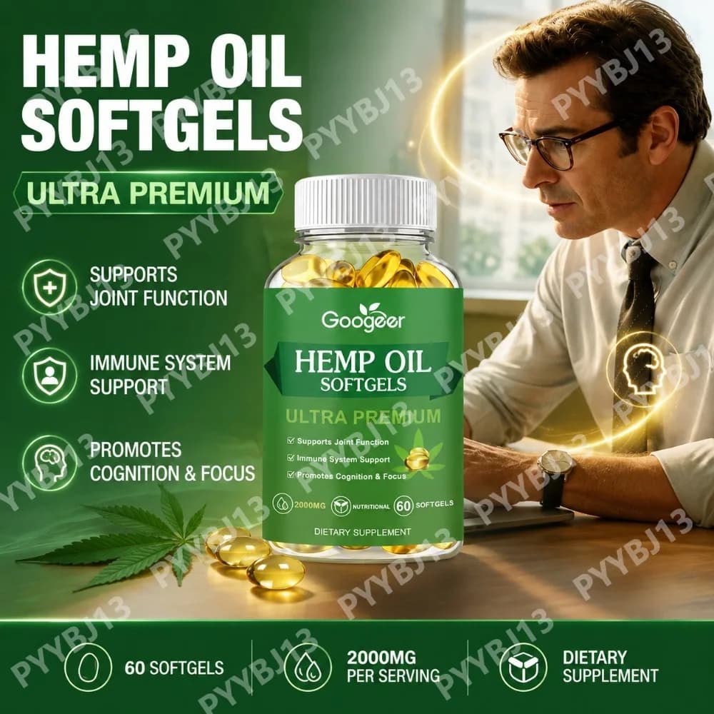 GOOGEER Hemp Seed Oil Softgels Omega 3 6 9 Fatty Acids Vitamins Zinc Selenium Daily Wellness Nutritional Supplement 60 Softgels