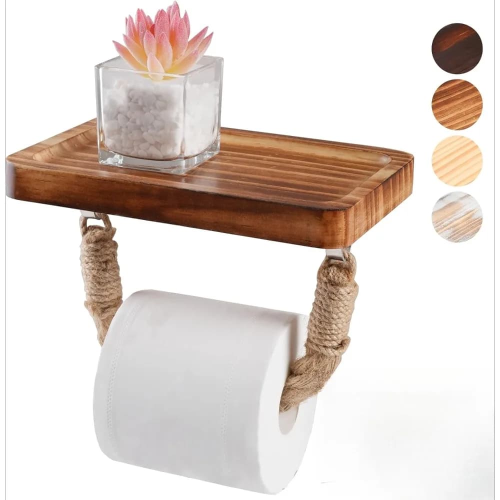 Toilet Paper Holder with Shelf Wall Mount Bathroom Tissue Roll Storage with Adhesive & Screw Wood Shelf for Phone Wipes Candle
