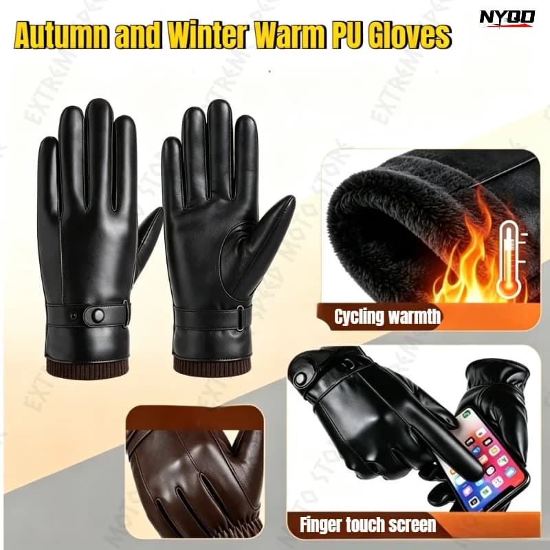 Leather Gloves for Men in Winter, Warm and Cold Resistant, Cycling Waterproof, Touch Screen, Motorcycle Windproof Gloves