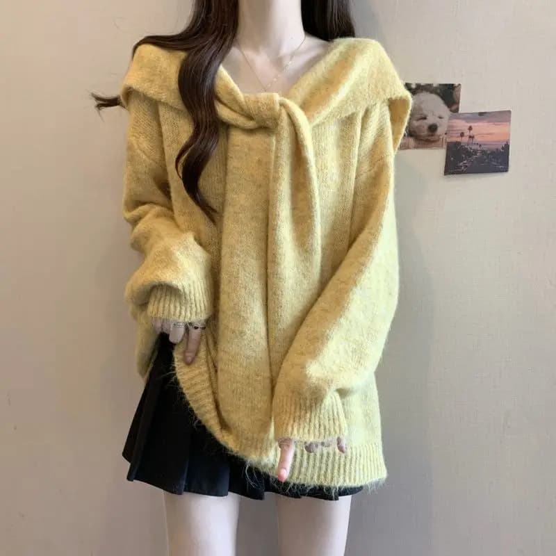 Pullover coreani con colletto alla marinara con scialle casual lavorato a maglia autunno inverno moda fasciatura abbigliamento da donna maglioni larghi a maniche lunghe