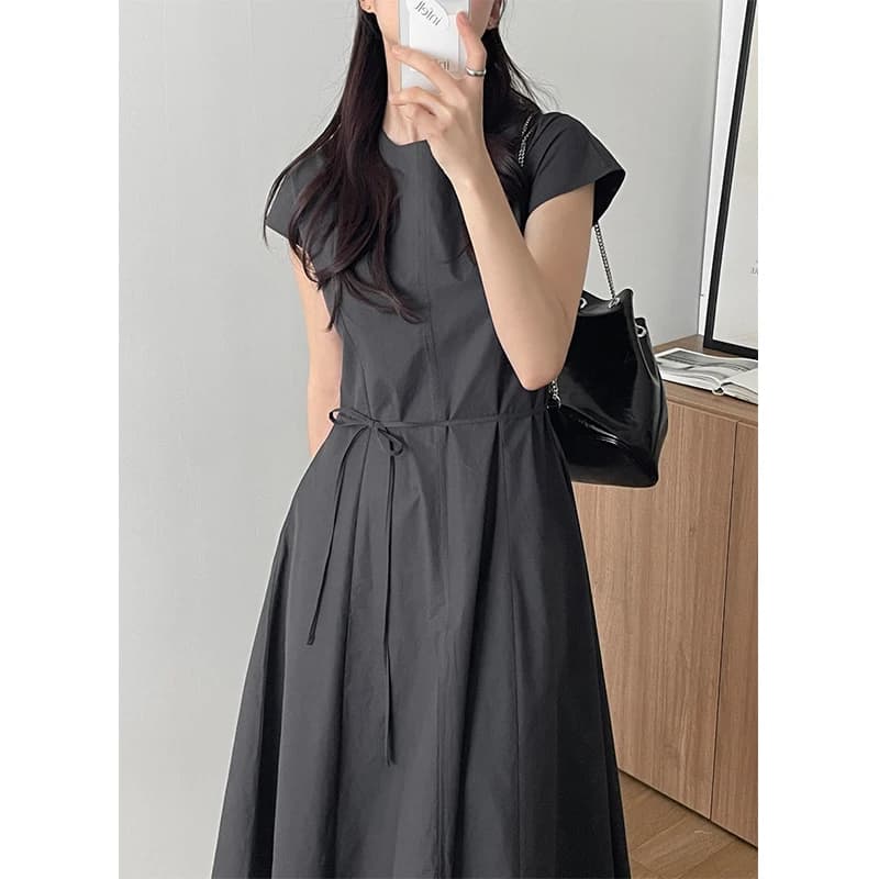 Spring Summer New Korean Style Waist Cinched Dress Ribbon Tie Dress Ladylike Short Sleeve Midi Skirt round Neck X Shape Pure ...