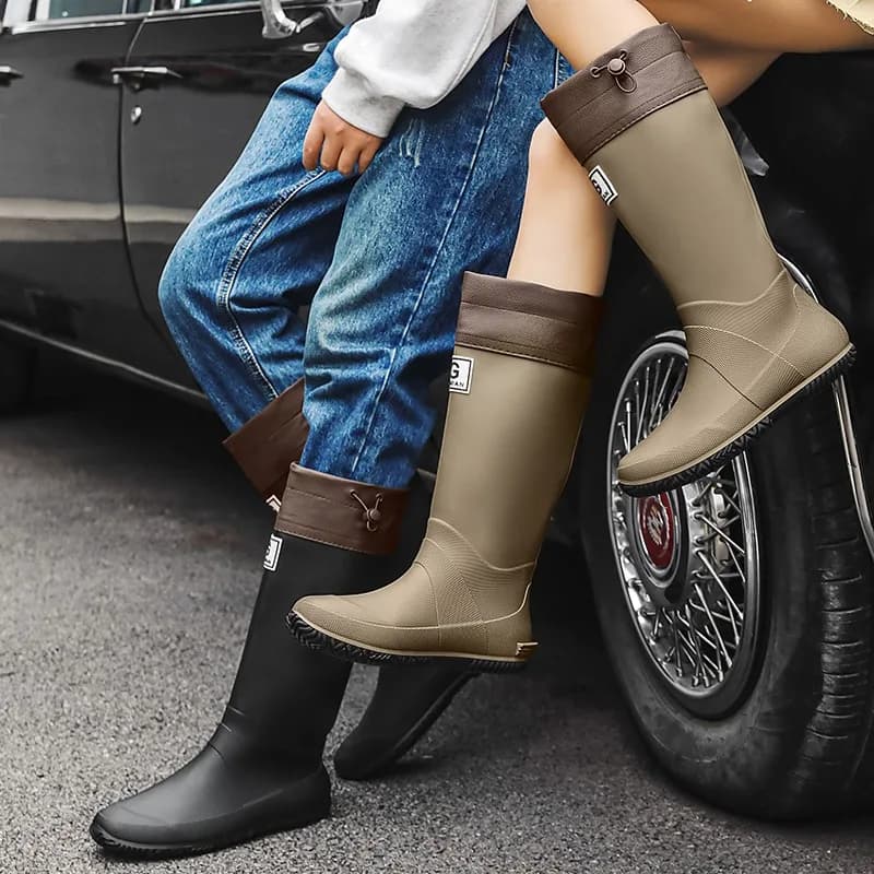 Men’s Tall Waterproof Rain Boots Anti-Slip Wear-Resistant Rubber Boots with Drawstring Closure for Farming & Hiking