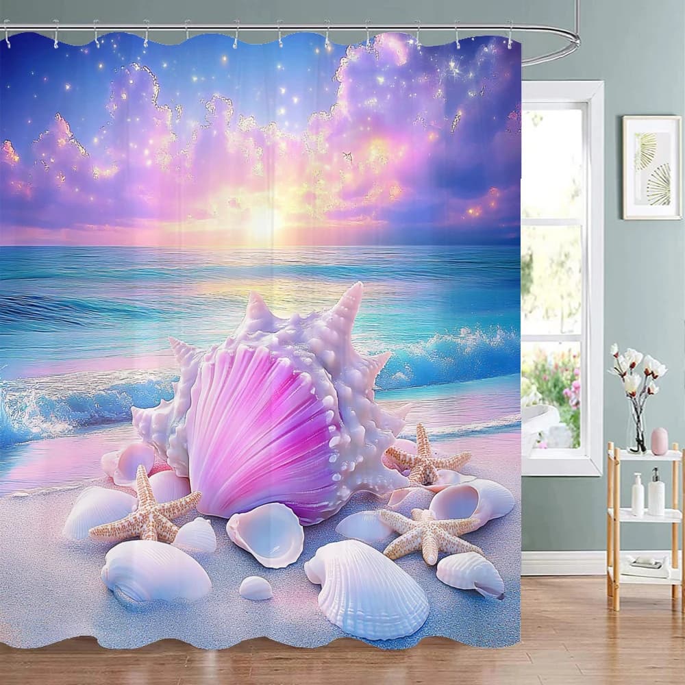 Tenda da doccia con stampa di conchiglie e stelle marine Ocean Beach, tenda da doccia decorativa per il bagno, tenda da doccia impermeabile con ganci