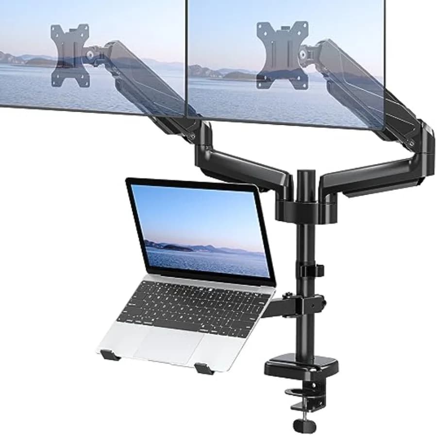 Desk mount for monitors and laptop: supports 2x 27 screens + 10-17 notebook 3-in-1 adjustable VESA 75/100mm bracket black alumi