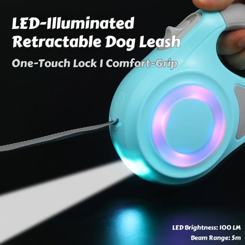 Guinzaglio per cani retrattile illuminato a LED con blocco one-touch anti-groviglio, impugnatura comoda per la sicurezza notturna e il controllo a mani libere