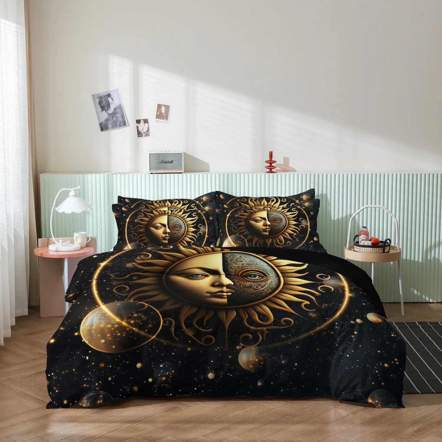 3Pcs Celestial Sun Moon Face Bedding Print Duvet Cover Set, Black Starry Space Golden Planet Print Bedding, For Bedroom Decor