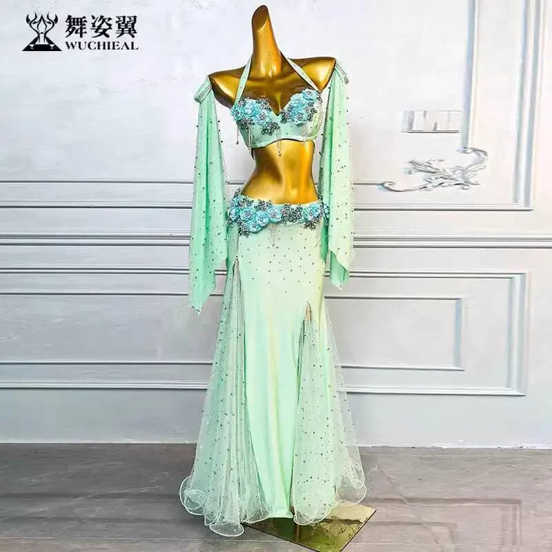Dancing Wings Verde Menta 2026 Nuovo Set per Danza del Ventre, Costume per Esibizioni e Pratica, Reggiseno e Gonna per Danza Orientale