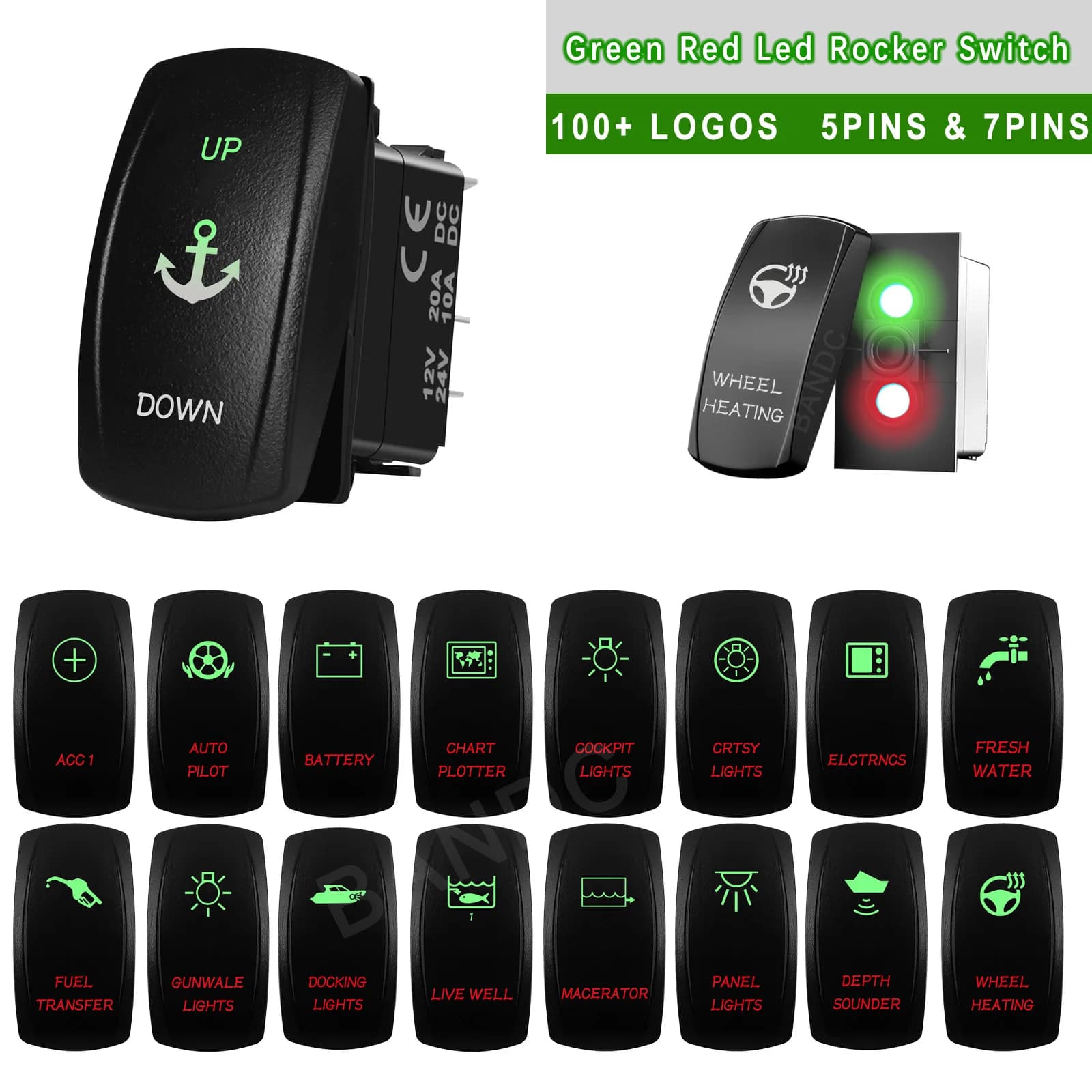Interruttore a bilanciere marino ANCHOR UP/DOWN | Interruttore a levetta momentaneo impermeabile 12V/24V con luce verde rossa per yacht, barche