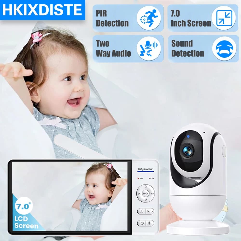 Monitor per Bambini con Schermo da 7.0 Pollici, Batteria da 5000mAh, Telecamera di Sicurezza Domestica Intelligente con Zoom PTZ 4X, Videosorveglianza, Temperatura e Ninna Nanna