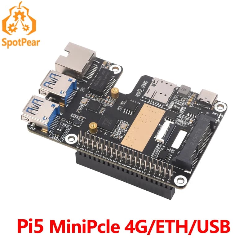 Rasberry Pi 5 PCIe a MiniPCIe 4G Gigabit Ethernet RJ45 USB HUB HAT + SIM7600G-H/EG25-G