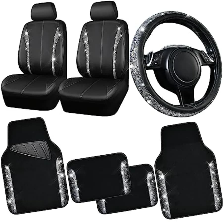 Coprisedili Auto in Pelle Nera e Argento con Diamanti, Tappetini Impermeabili con Strass, 4 Pezzi, Coprivolante Scintillante