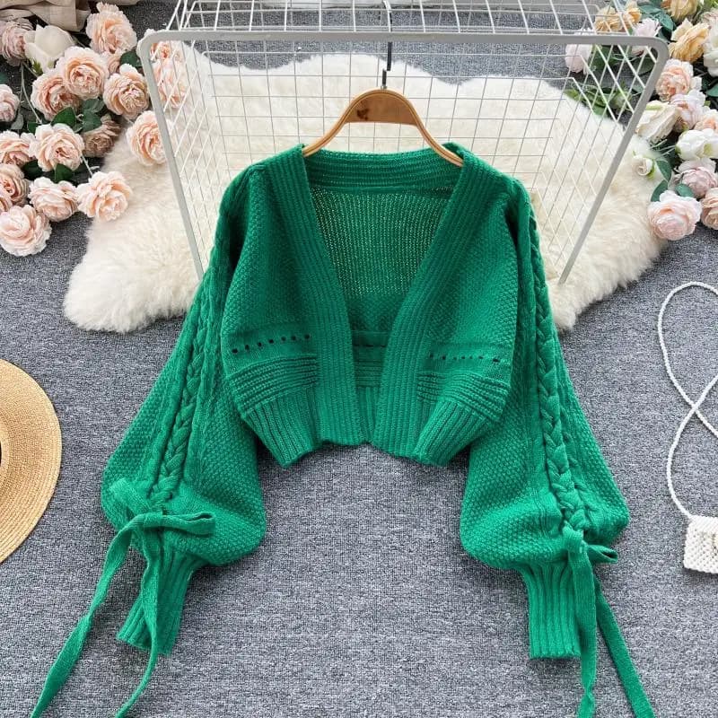 Verde Casual Acrilico Maglia Con Scollo A V Lanterna Manica Lunga Con Lacci Cardigan da Donna Maglione Cardigan Corto Per Le Donne Abbigliamento 2024