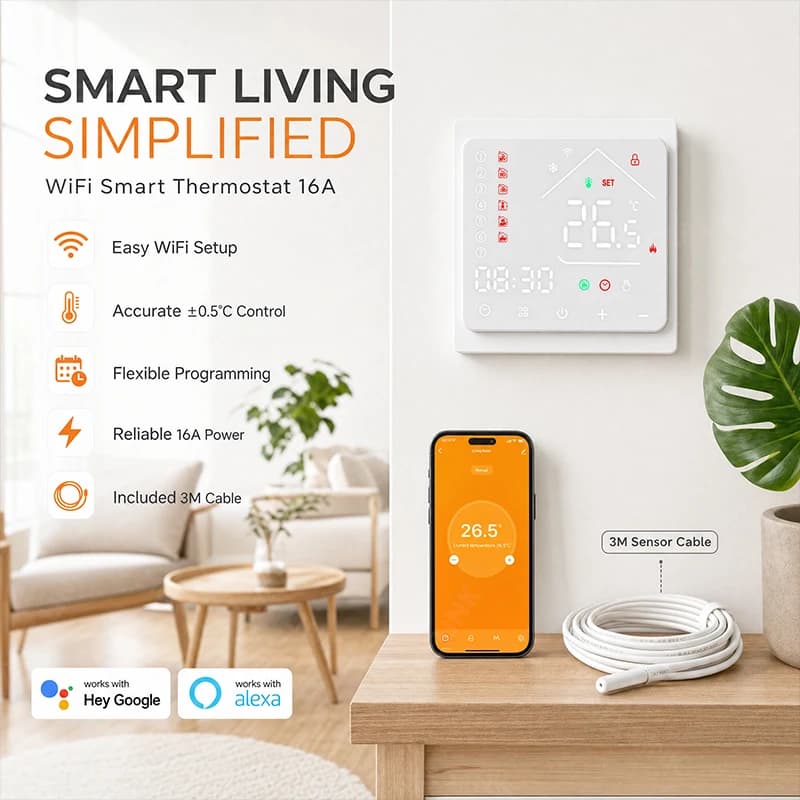 Wall‑mount WiFi Thermoregulator For Electric Underfloor Heating ±0.5℃ Accuracy Energy Saving With 3M Temperature Sensor Probe