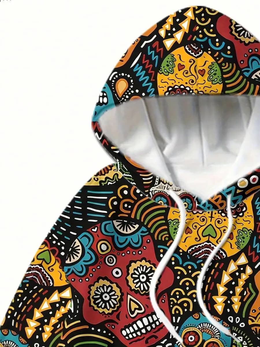 Set Felpa con Cappuccio e Pantaloni Larghi con Stampa Digitale Teschio da Uomo, Tuta Sportiva Comoda