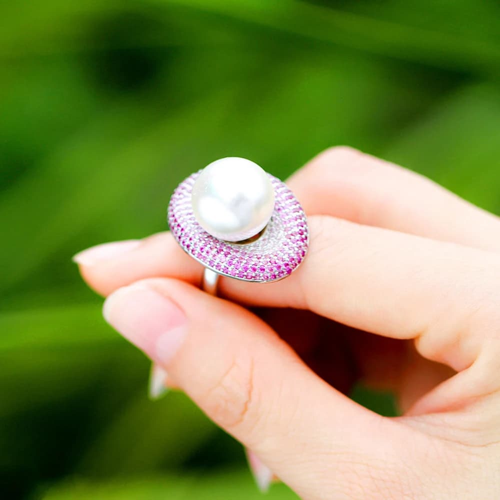 BeaQueen Luxury Exquisite Rose Red CZ Crystal Big Round Pearl Ring for Women High Quality Wedding Anniversary Jewelry Gifts R172