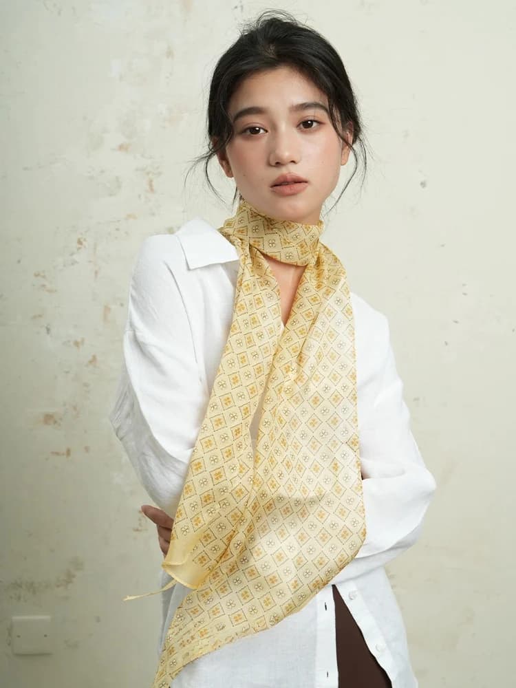 Weiliao Original Lucky Four Leaf Clover Silk Chiffon Scarf Light Weight Silk Ribbon Blue Grey Yellow Spring Summer Scarf