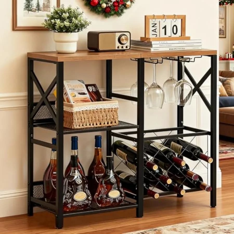 Mobile Bar per Vini, Cantinetta Rustica Autoportante con Portabicchieri e Scaffale, Mobile Bar con 2 Ripiani, Scaffale per Liquori