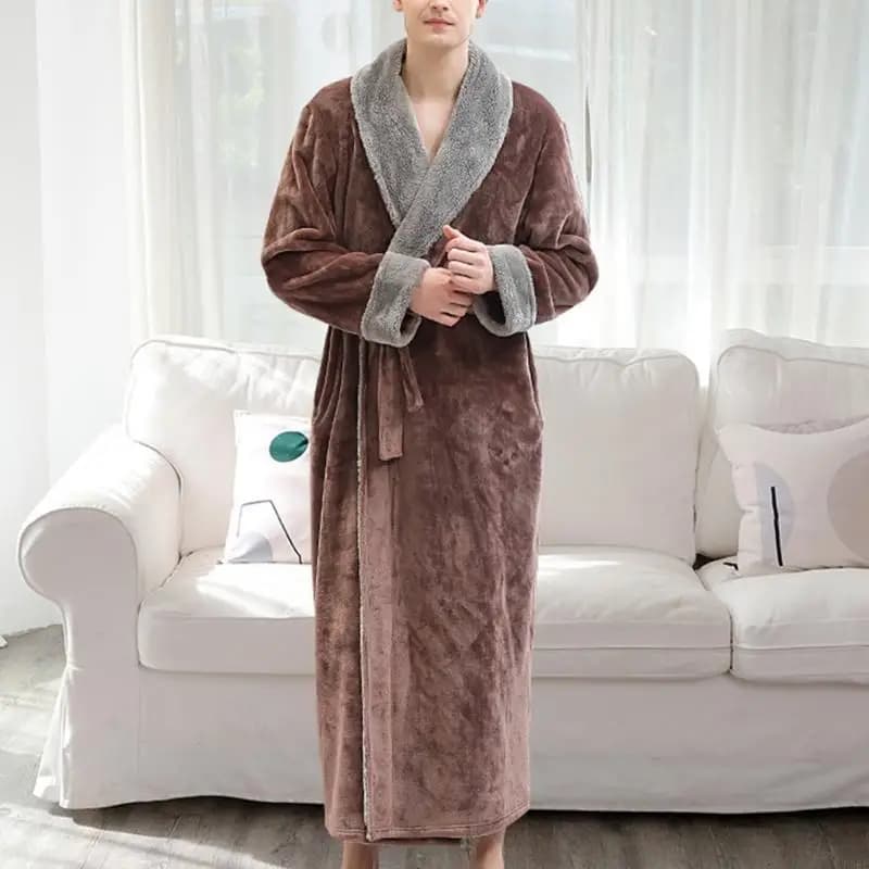 L38E Women Men Flannel Sexy Lapel Bathrobe Thick Coral Contrast Color Long Kimono Robe Warm Belted Nightgown Sleepwear
