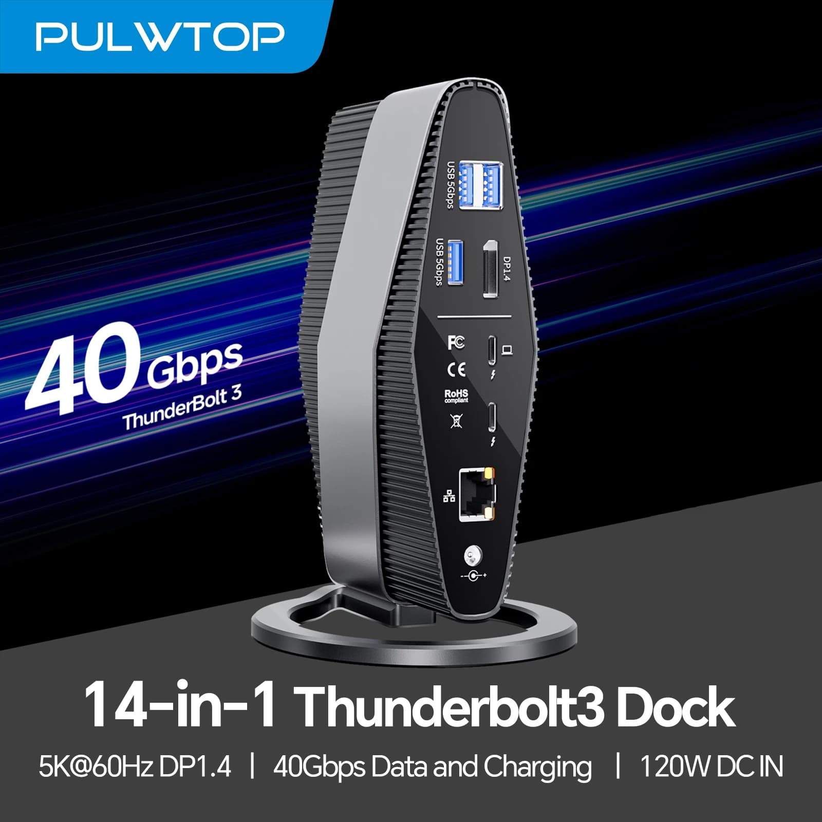 Dock PULWTOP Thunderbolt 3, laptop docking station with double 4K display per monitor, 40 Gb/s, SD/TF 4.0, USB A/C 10 Gbps