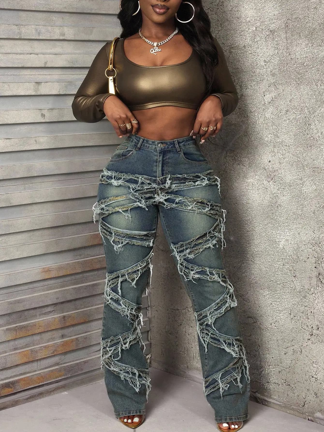 Jeans a zampa d'elefante effetto distressed stile Y2K da donna