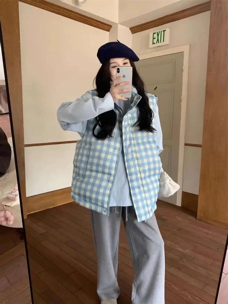 Retro American Blue Plaid Cotton Vest Women's Sleeveless Autumn Winter New Style Versatile Cotton Jacket Zipper Closure Outer...