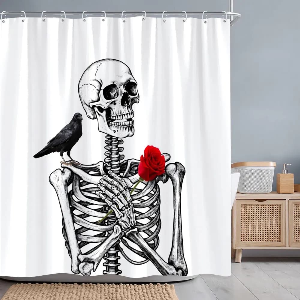 Halloween Skulls Roses Shower Curtain Horror Skulls Crows Red Flowers Polyester Fabric Shower Curtains Bathroom Decor with Hoo