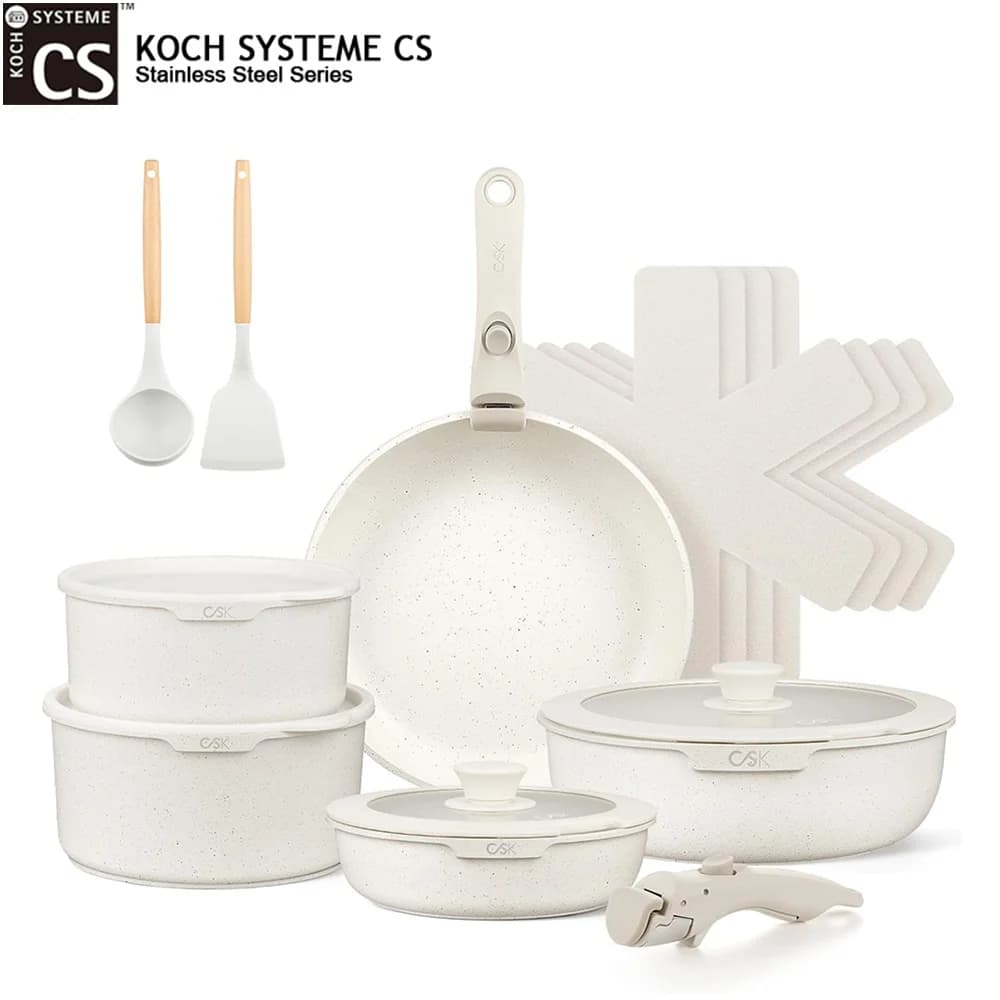KOCH SYSTEME CS 17PCS Cookware Set Kitchen Nonstick Pots and Pans Set With Detachable Handle Sauce Pot Milk Pots Frying pan Induction Compatible White