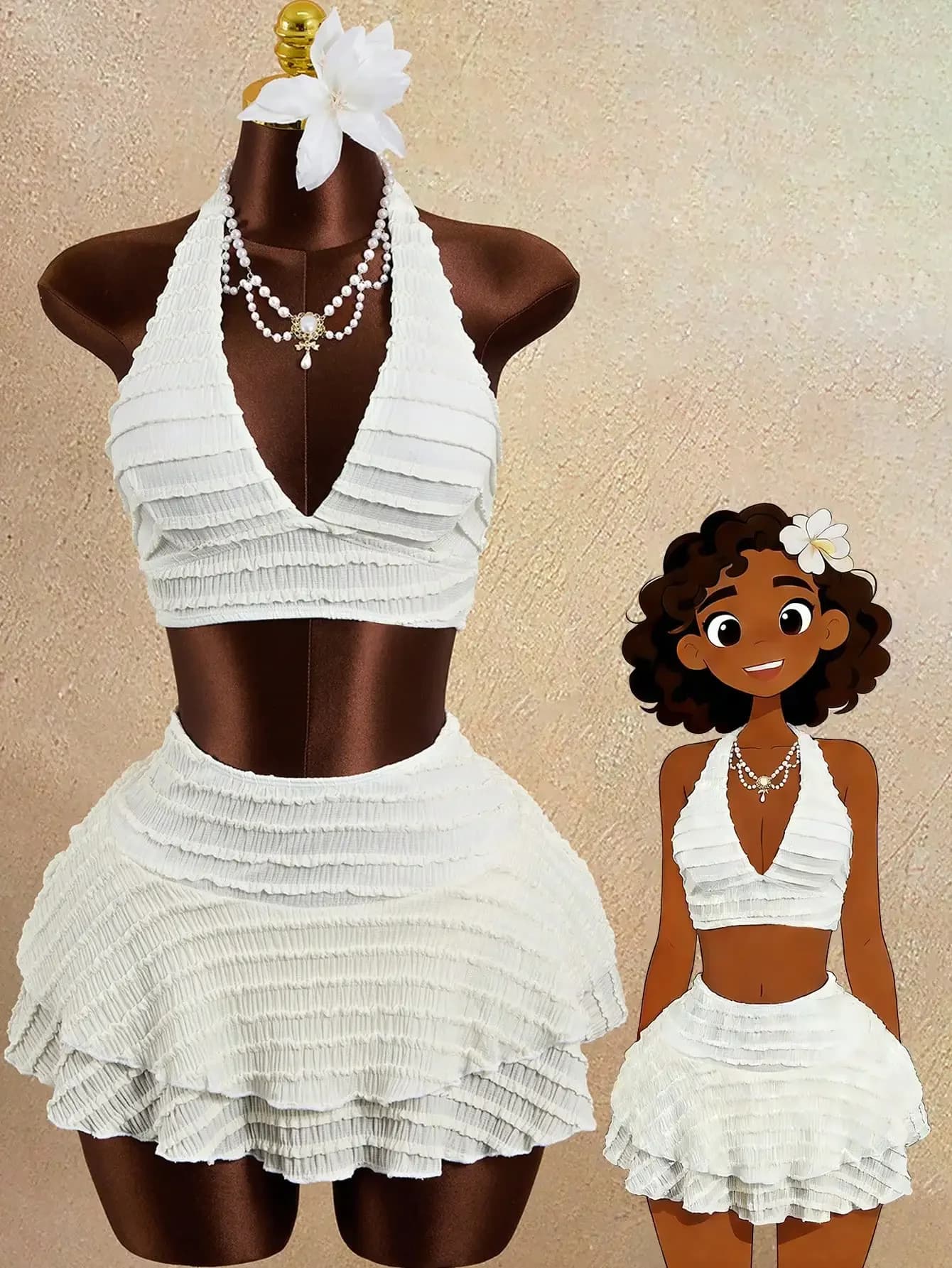 Set bikini bianco arricciato con laccetti e gonna copricostume