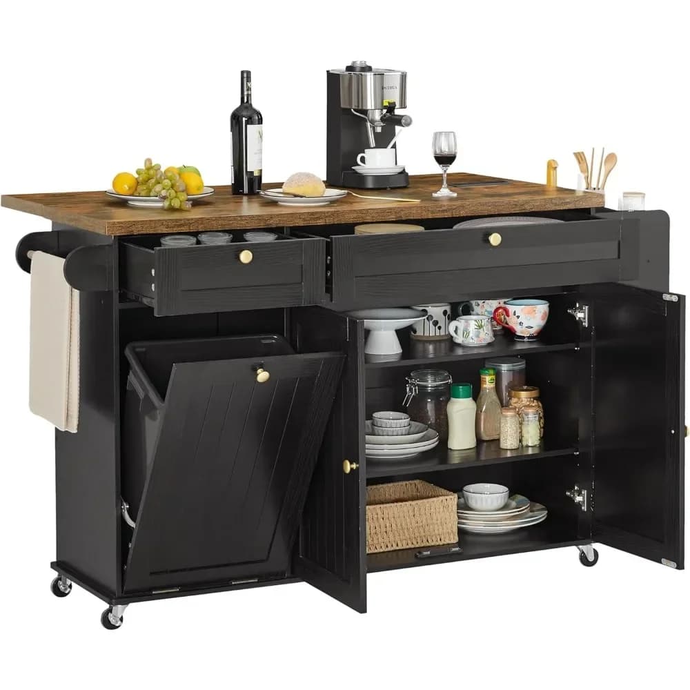 Isola da cucina da 60 pollici con presa di corrente e piano ribaltabile, isola da cucina mobile con portaspezie e portasciugamani, portacoltelli.