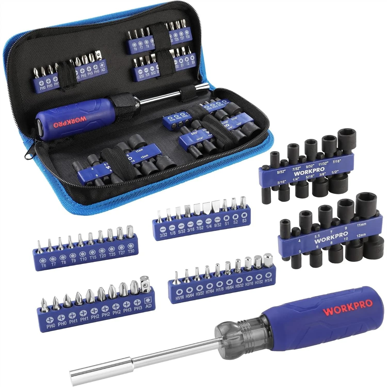 Set di 61 Punte Magnetiche per Cacciavite e Chiavi a Bussola con Borsa Organizer, Kit di Utensili Fai-da-Te per Casa e Garage, Metrico e SAE