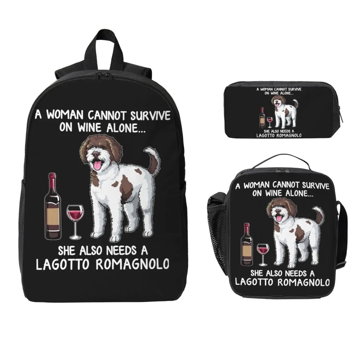 Lagotto Romagnolo And Wine Funny Dog Fitted Backpack BookBag School Bag Laptop Shoulder Bags 3ps Insulated Lunch Bag Pencil Case