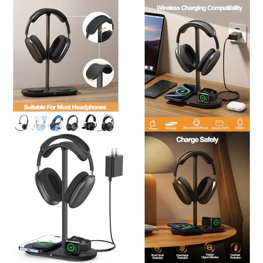 Supporto per cuffie HiWe, caricabatterie wireless 2 in 1 per iPhone/Apple Watch, asta in lega di alluminio, organizer da scrivania minimalista