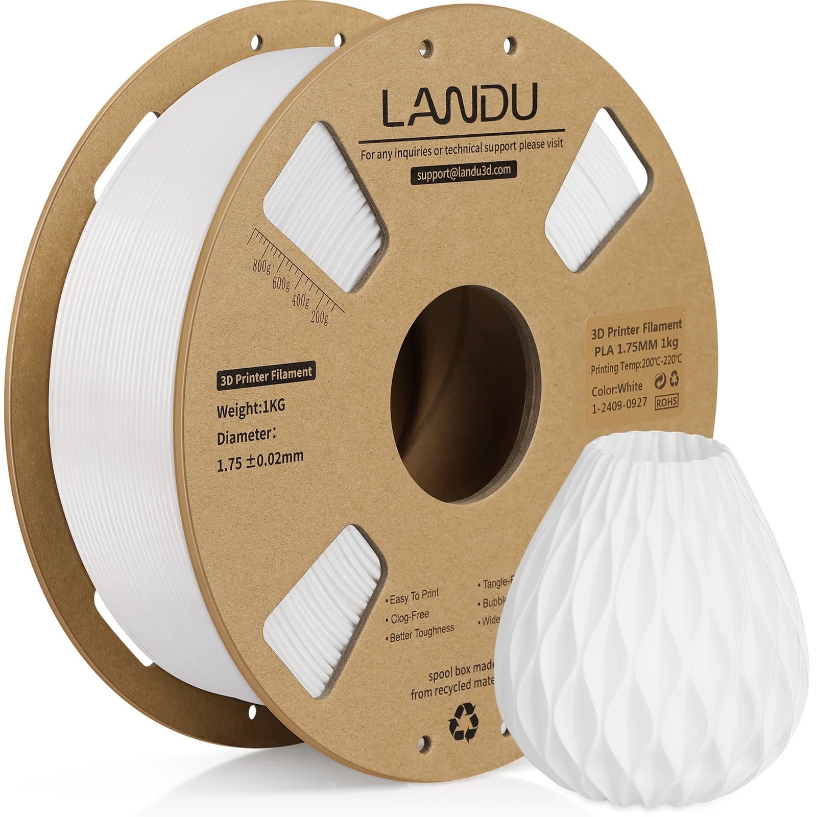 LANDU PLA Filament 1.75mm 1KG Neatly Wound No Stringing Low Shrinkage Eco Cardboard Spool PLA Filament Compatible For FDM Printe