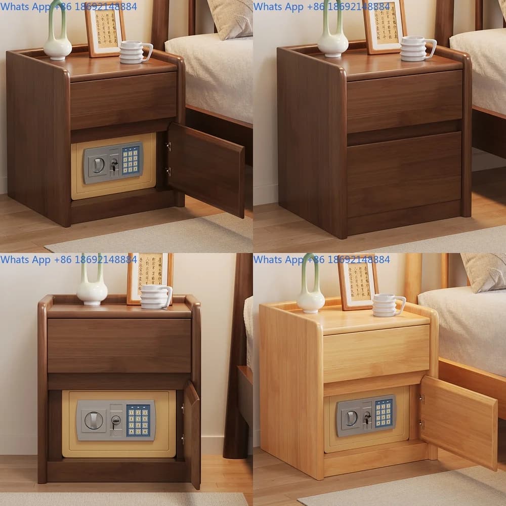 Solid Wood Nightstand Safe with Fingerprint Lock Smart Compact Storage Cabinet for Bedroom No Installation Required