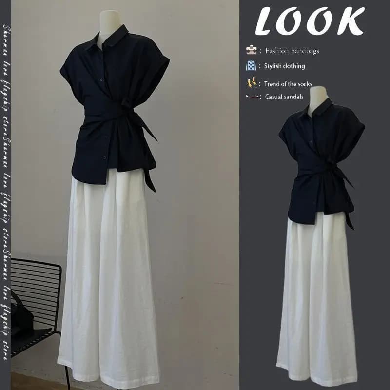 Women's Summer Black Bandage Bowknot Shirts White Wide Leg Pants Two Piece Set Korean Office Lady Graceful Blouse Trousers Suits