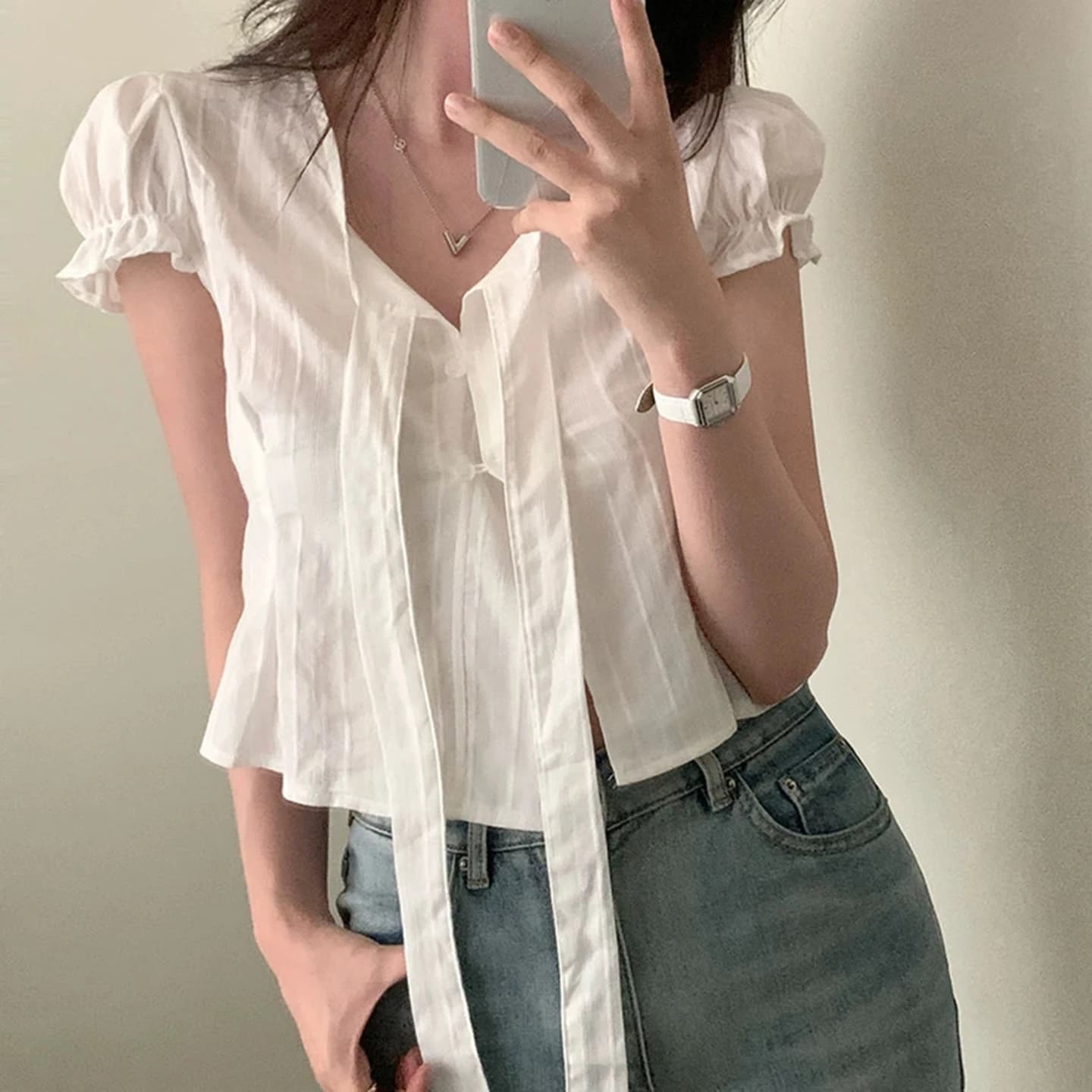 Camicie SUCHCUTE bianche con maniche a sbuffo da donna, top corti Y2K coreani con bottoni trasparenti e bendaggio, chic estivi