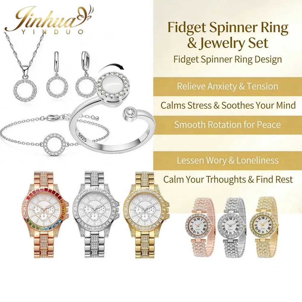 Set Gioielli Orologio Anello Fidget Spinner da Donna in Argento Sterling 925 con Zirconi e Strass, Orologio da Polso Antistress, Regalo alla Moda
